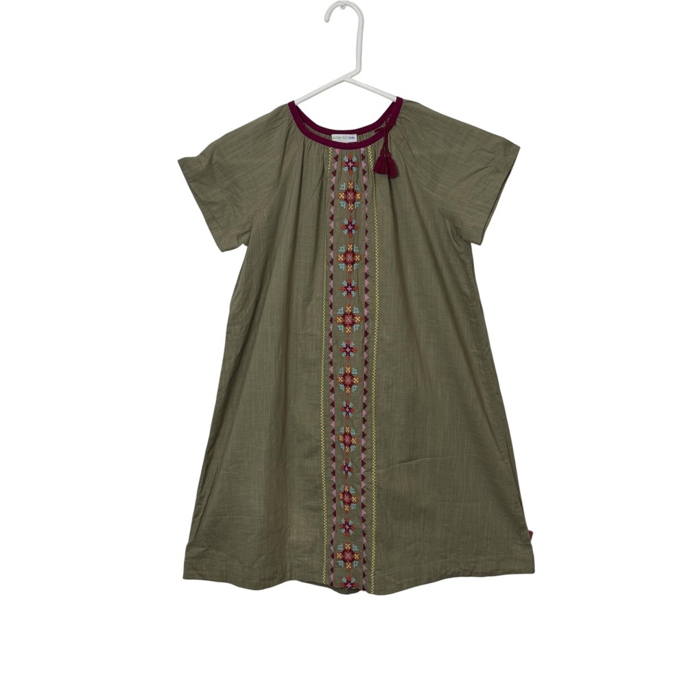 Garnet Hill Kids Green Embroidered 100% Cotton Shift Dress, L